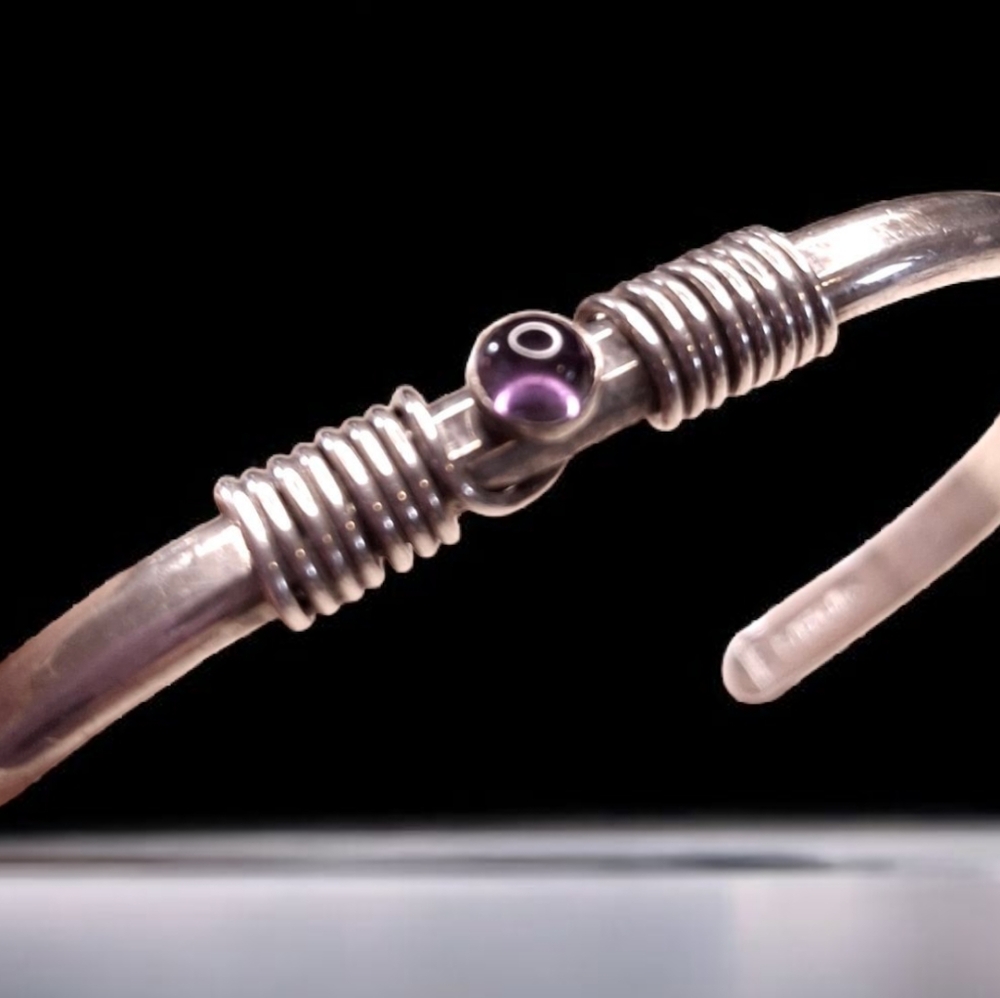 Vintage Sterling Silver 925 Amethyst Accent Cuff Bracelet Signed JOR